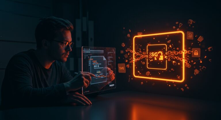 Ilustración de vulnerabilidades en seguridad SVG y XSS en startups con elementos visuales que representan sanitización e iframe sandbox.