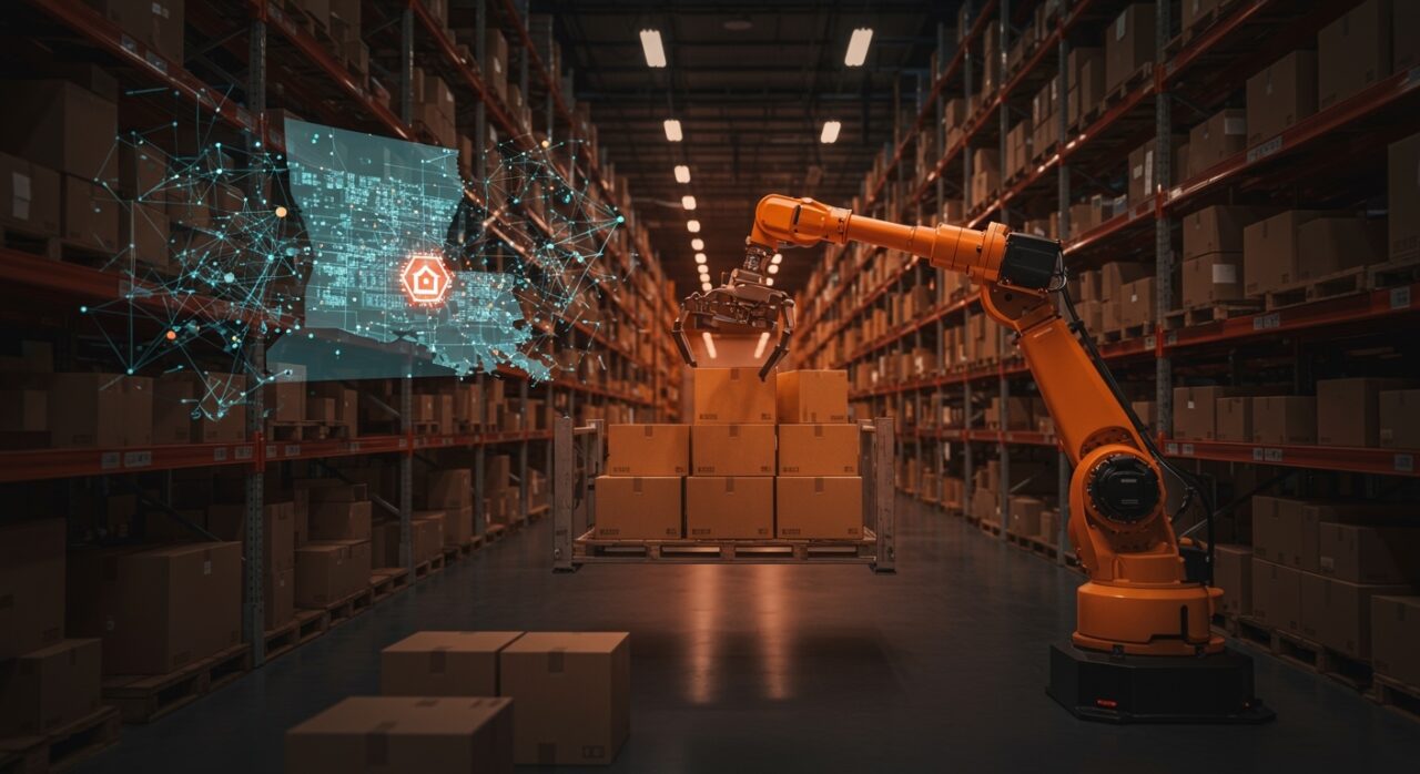 Automatización logística con robótica e inteligencia artificial en un centro de distribución, destacando la inversión de Symbotic y AWG en tecnología para startups tech en LATAM.