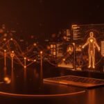 Interfaz futurista de IA aplicada para codificación médica automatizada destacando a Symphony AI en el ecosistema health tech startup.