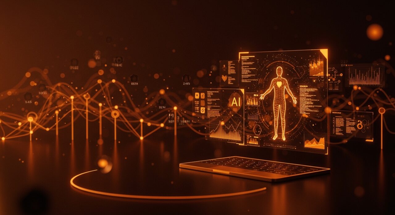 Interfaz futurista de IA aplicada para codificación médica automatizada destacando a Symphony AI en el ecosistema health tech startup.