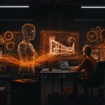 Agentes de IA colaborando con ingenieros en entorno futurista representando aplicación de inteligencia artificial e inversión en startups tecnológicas.