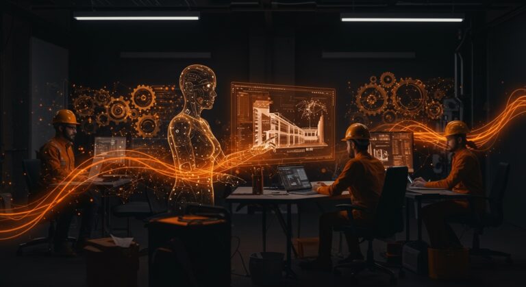 Agentes de IA colaborando con ingenieros en entorno futurista representando aplicación de inteligencia artificial e inversión en startups tecnológicas.