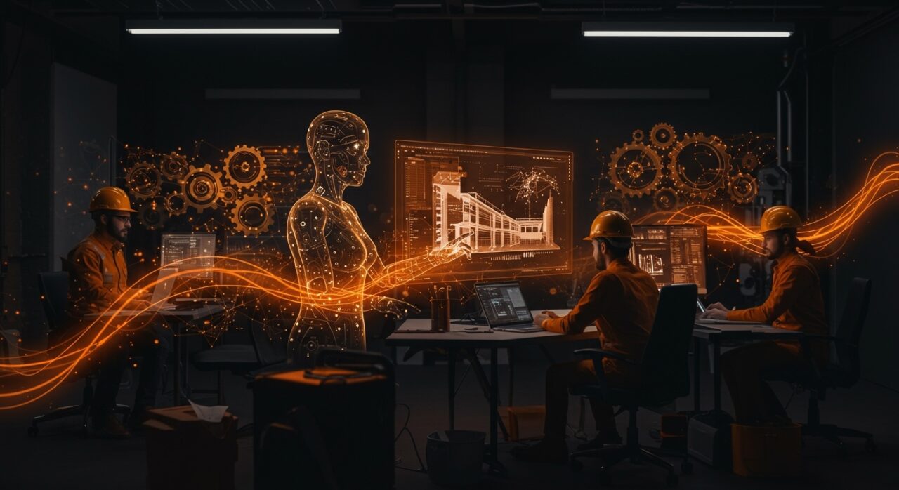 Agentes de IA colaborando con ingenieros en entorno futurista representando aplicación de inteligencia artificial e inversión en startups tecnológicas.