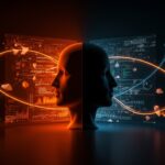 Conflictos de interés y gobernanza en systemd representados mediante figura dual y código Linux en tonos naranja y negro para artículo sobre open source e infraestructura digital.