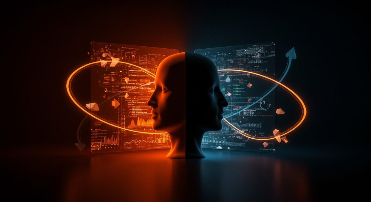 Conflictos de interés y gobernanza en systemd representados mediante figura dual y código Linux en tonos naranja y negro para artículo sobre open source e infraestructura digital.