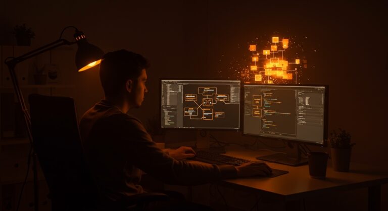 Desarrollador trabajando con React Server Components y TanStack Start mostrando arquitectura híbrida frontend y server-side rendering en un entorno tecnológico moderno.