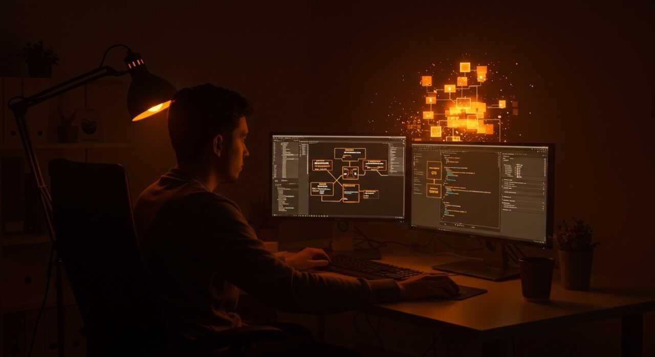 Desarrollador trabajando con React Server Components y TanStack Start mostrando arquitectura híbrida frontend y server-side rendering en un entorno tecnológico moderno.