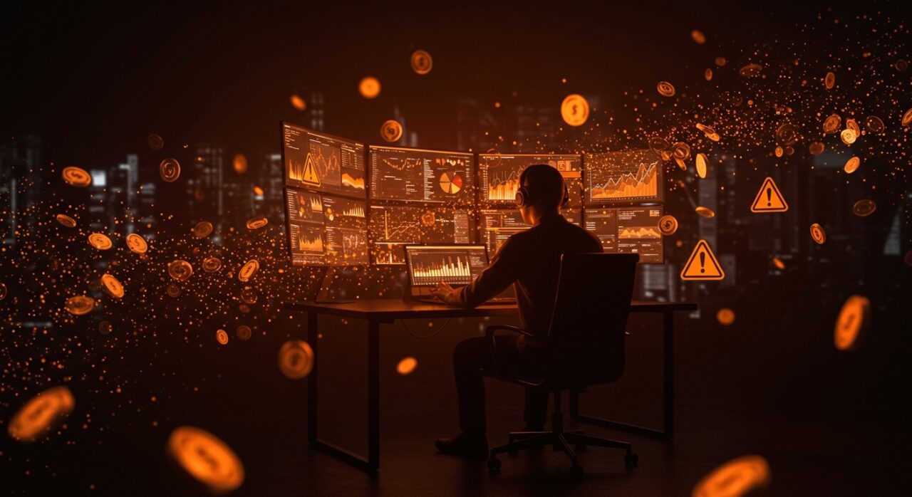 Tarifas planas de inteligencia artificial y economía de tokens representadas por un desarrollador frente a datos de costes API y flujos de tokens en paleta naranja y negro.