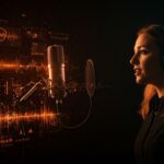 Taylor Swift registrando su voz para protegerse legalmente contra el uso de IA en clonación de voz, con una representación visual de tecnología y propiedad intelectual en startups.