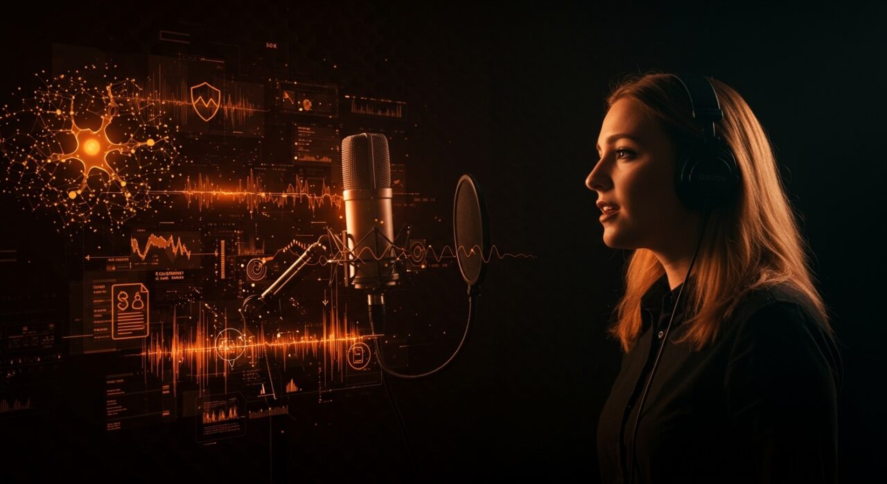 Taylor Swift registrando su voz para protegerse legalmente contra el uso de IA en clonación de voz, con una representación visual de tecnología y propiedad intelectual en startups.