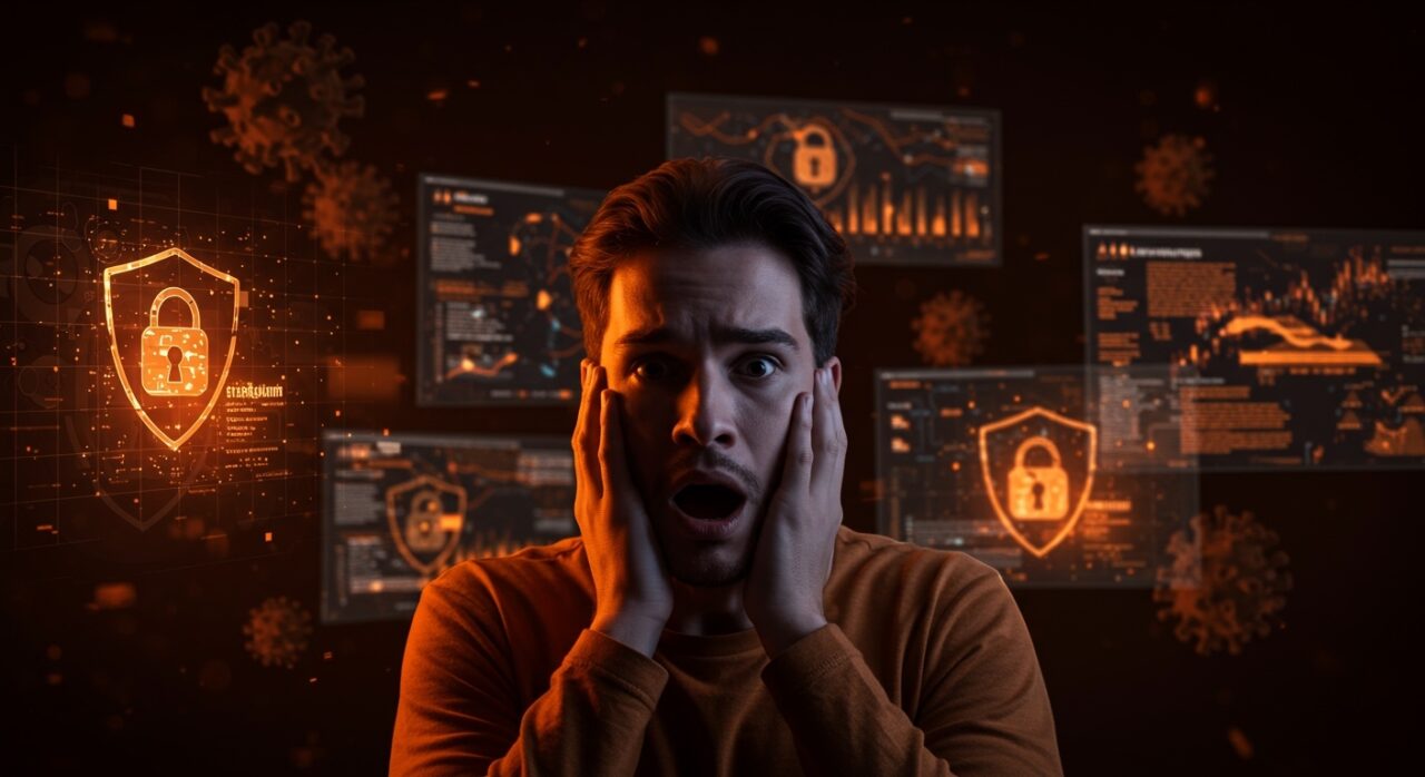 Señales de hackeo digital con alerta en pantallas y protección de datos en entorno tecnológico para seguridad startups.