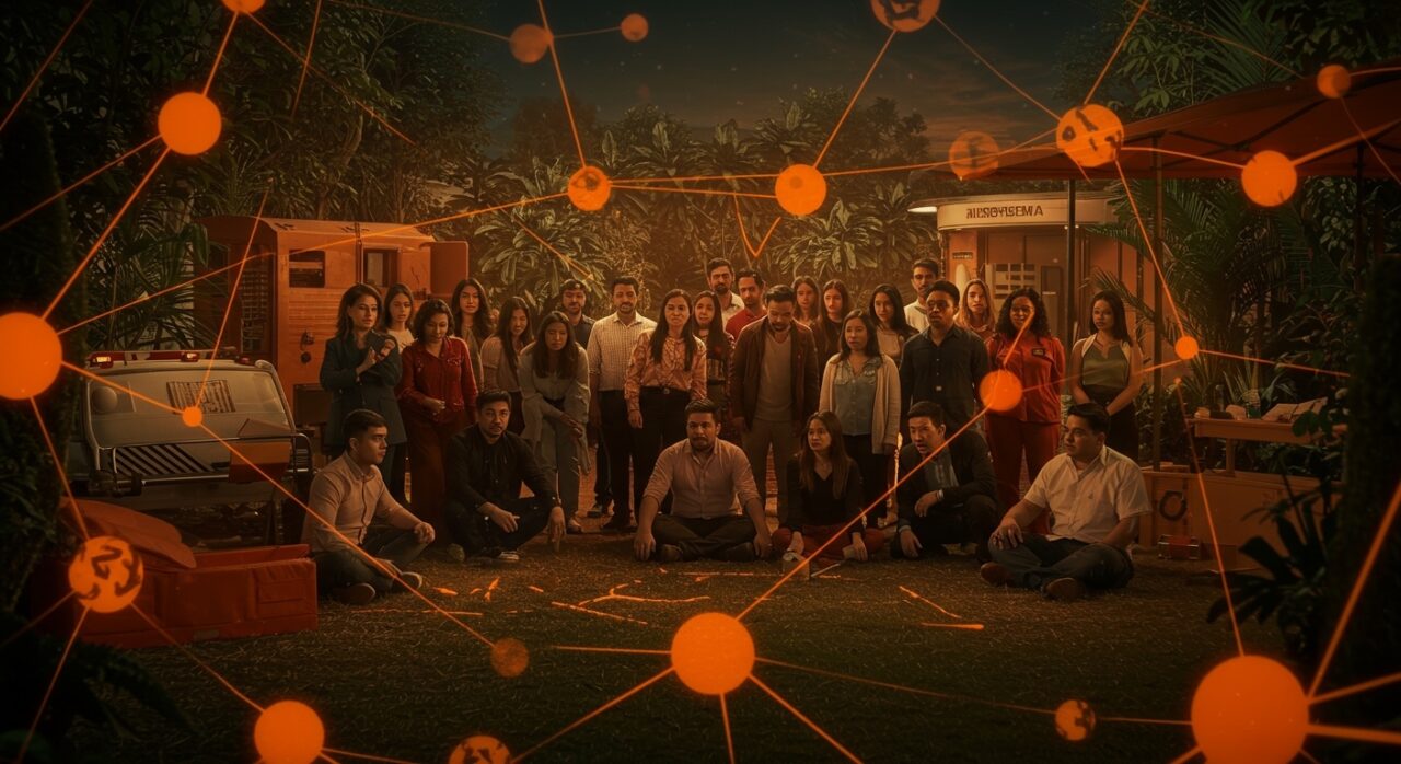 Escena del retiro fallido de team building corporativo en Honduras de Plex 2017 mostrando desconexión y crisis en equipos remotos para startups.