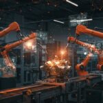 Automatización industrial con robótica colaborativa, visión artificial e inteligencia artificial en una planta de producción avanzada.