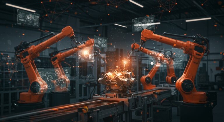 Automatización industrial con robótica colaborativa, visión artificial e inteligencia artificial en una planta de producción avanzada.