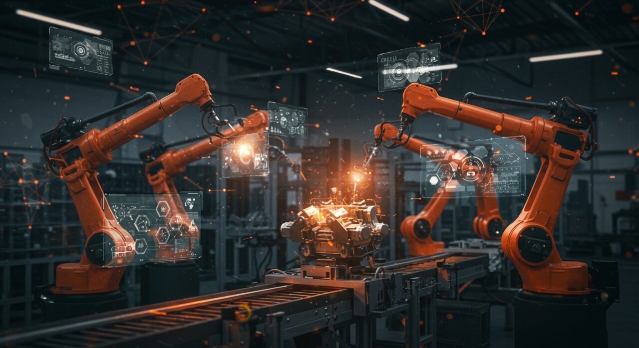 Automatización industrial con robótica colaborativa, visión artificial e inteligencia artificial en una planta de producción avanzada.