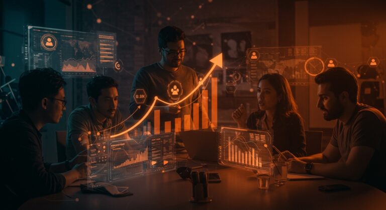 Fundadores de tecnología colaborando en conferencia TechCrunch Disrupt 2026 en San Francisco con metáforas visuales de crecimiento y networking startup.