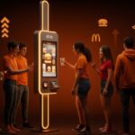 Jóvenes millennials y generación Z interactuando con un kiosco digital de McDonald's, reflejando tendencias en comida rápida y marketing digital.
