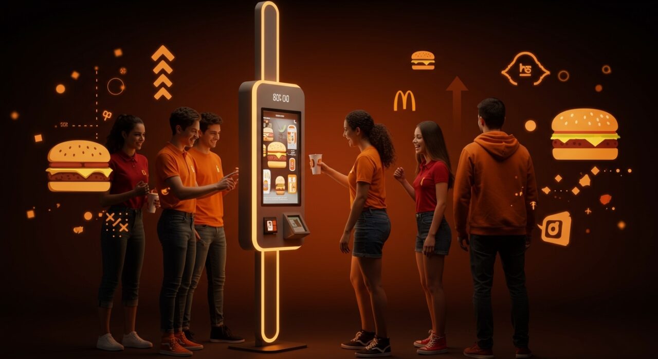 Jóvenes millennials y generación Z interactuando con un kiosco digital de McDonald's, reflejando tendencias en comida rápida y marketing digital.