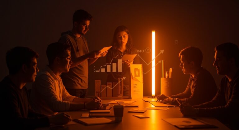 Innovación en diseño de productos de papelería mostrando a fundadores latinos colaborando en tendencias startup tech.