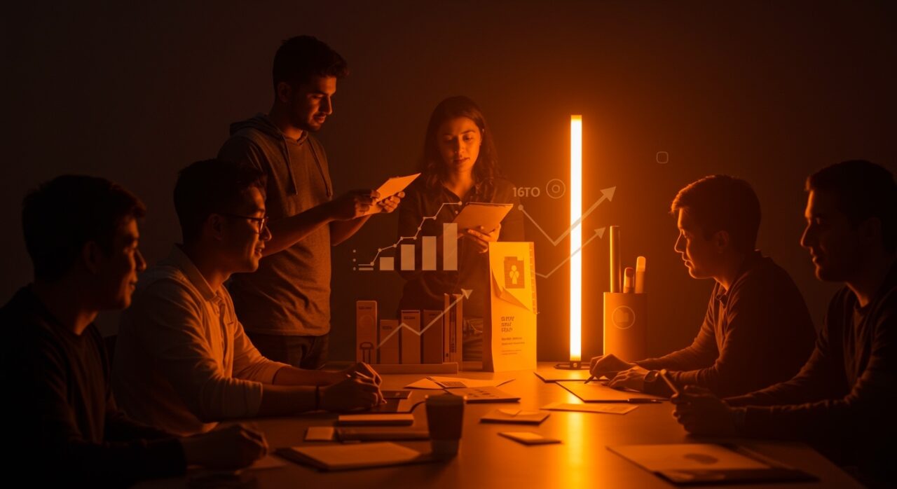 Innovación en diseño de productos de papelería mostrando a fundadores latinos colaborando en tendencias startup tech.