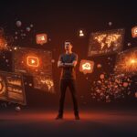 Fundador tecnológico rodeado de pantallas holográficas con IA y YouTube, ilustrando tendencias de medios digitales y fatiga social media.