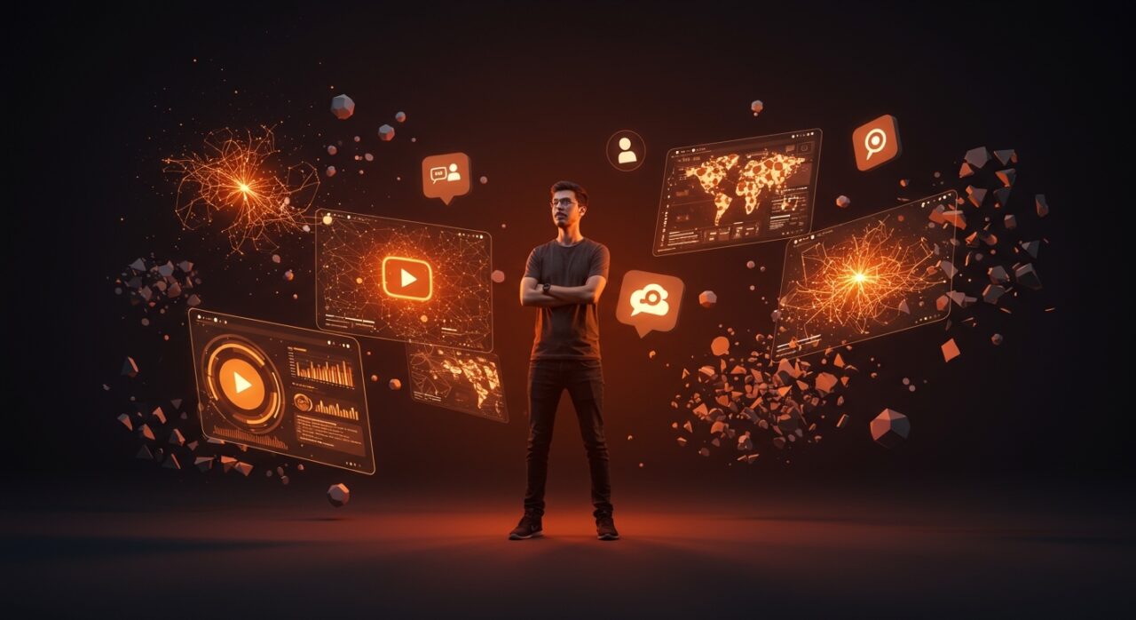 Fundador tecnológico rodeado de pantallas holográficas con IA y YouTube, ilustrando tendencias de medios digitales y fatiga social media.