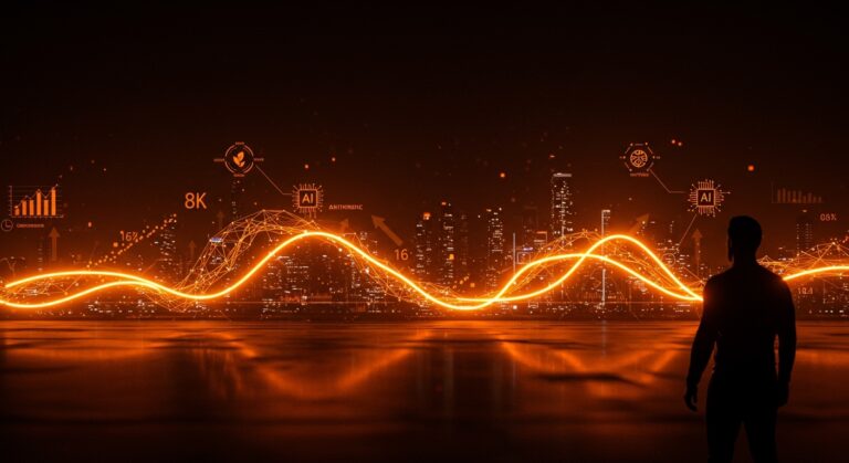 Fundador tech observando un paisaje digital futurista que simboliza tendencias en inversión y modelos sostenibles de IA para 2026.