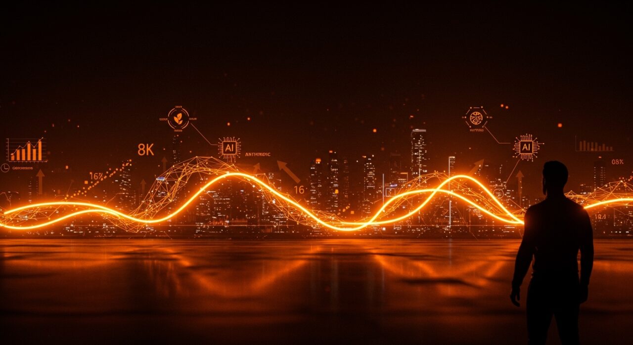 Fundador tech observando un paisaje digital futurista que simboliza tendencias en inversión y modelos sostenibles de IA para 2026.