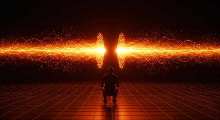 Representación visual de la tensión de Hubble mostrando la expansión dual del universo con elementos de cosmología moderna y materia oscura en tonos naranja y negro.