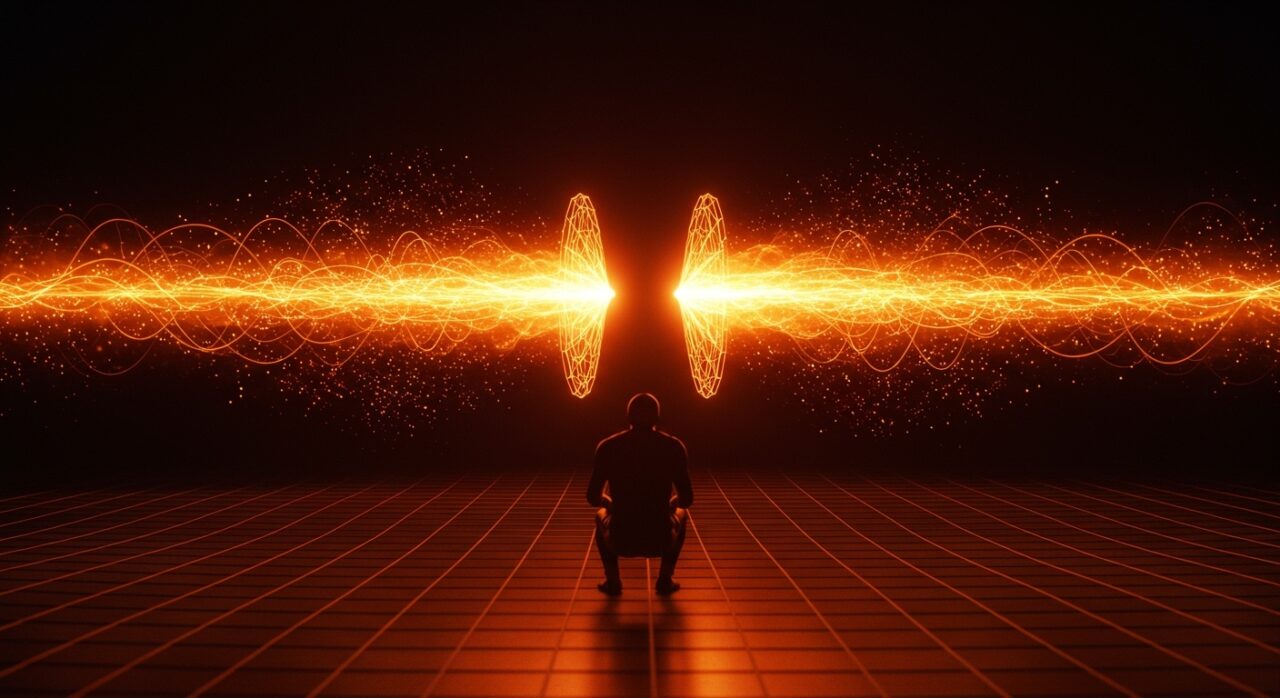 Representación visual de la tensión de Hubble mostrando la expansión dual del universo con elementos de cosmología moderna y materia oscura en tonos naranja y negro.