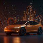 Tesla Cybercab futurista con robots Optimus, representando la transición en innovación, robótica y movilidad de Tesla.