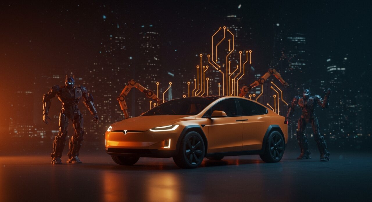 Tesla Cybercab futurista con robots Optimus, representando la transición en innovación, robótica y movilidad de Tesla.