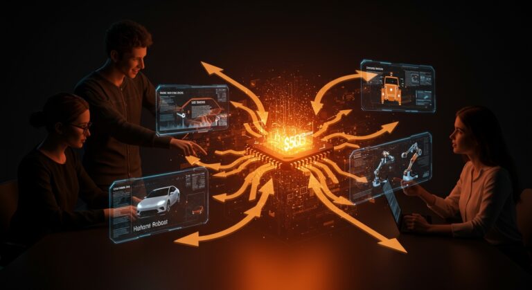 Análisis visual de la inversión Tesla capex 2026 para startups de hardware y AI con metáforas de flujo de financiamiento y tecnología innovadora.