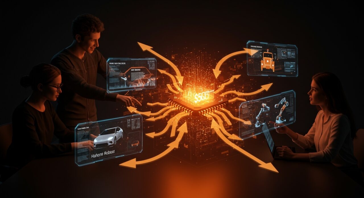 Análisis visual de la inversión Tesla capex 2026 para startups de hardware y AI con metáforas de flujo de financiamiento y tecnología innovadora.