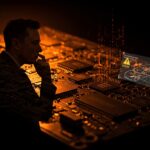 Circuito hardware Tesla con silueta de Elon Musk y visualización digital representando limitaciones y desafíos del Tesla FSD en conducción autónoma.