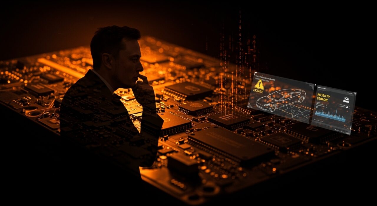 Circuito hardware Tesla con silueta de Elon Musk y visualización digital representando limitaciones y desafíos del Tesla FSD en conducción autónoma.