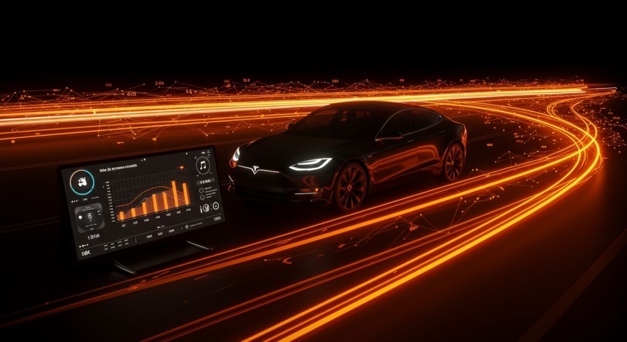 Tesla Full Self-Driving con streaks y estadísticas gamificadas mostrando conducción autónoma avanzada y datos de millones de millas recorridas.