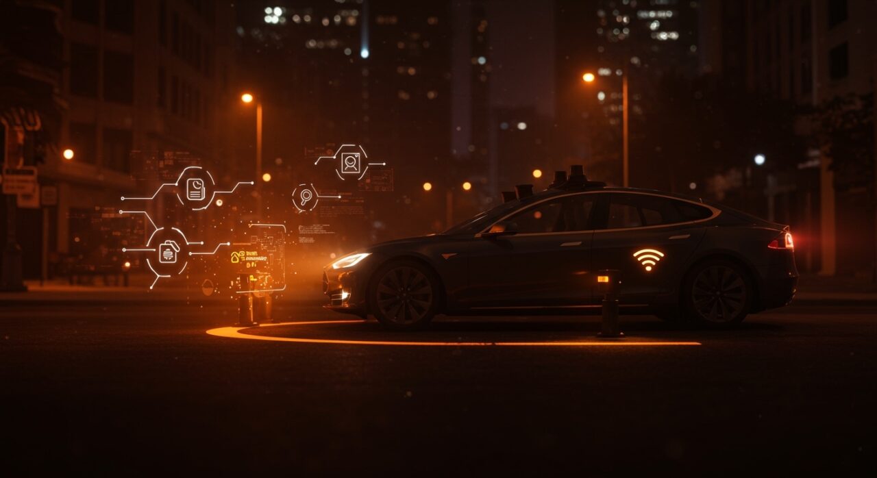 Tesla realizando Smart Summon con iconografía tecnológica que representa la investigación cerrada por NHTSA y avances en software para movilidad autónoma.
