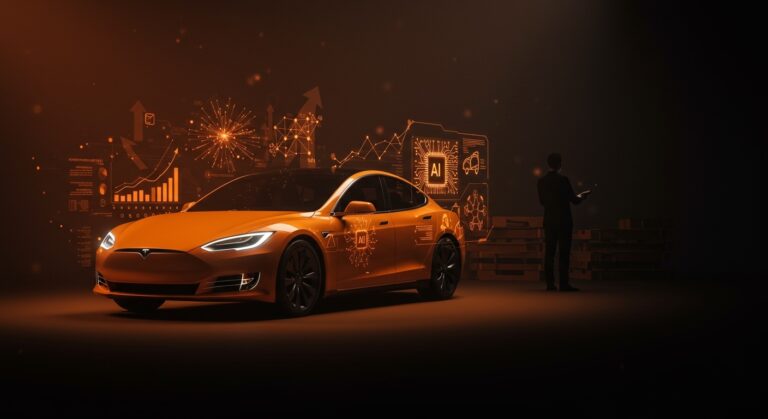 Tesla Q1 2026 mostrando vehículos eléctricos con representaciones de inteligencia artificial y análisis de inventarios para startups de movilidad eléctrica.