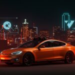 Tesla Robotaxi en ciudad urbana al estilo editorial, ilustrando movilidad autónoma y estrategia de marketing ante resultados trimestrales.