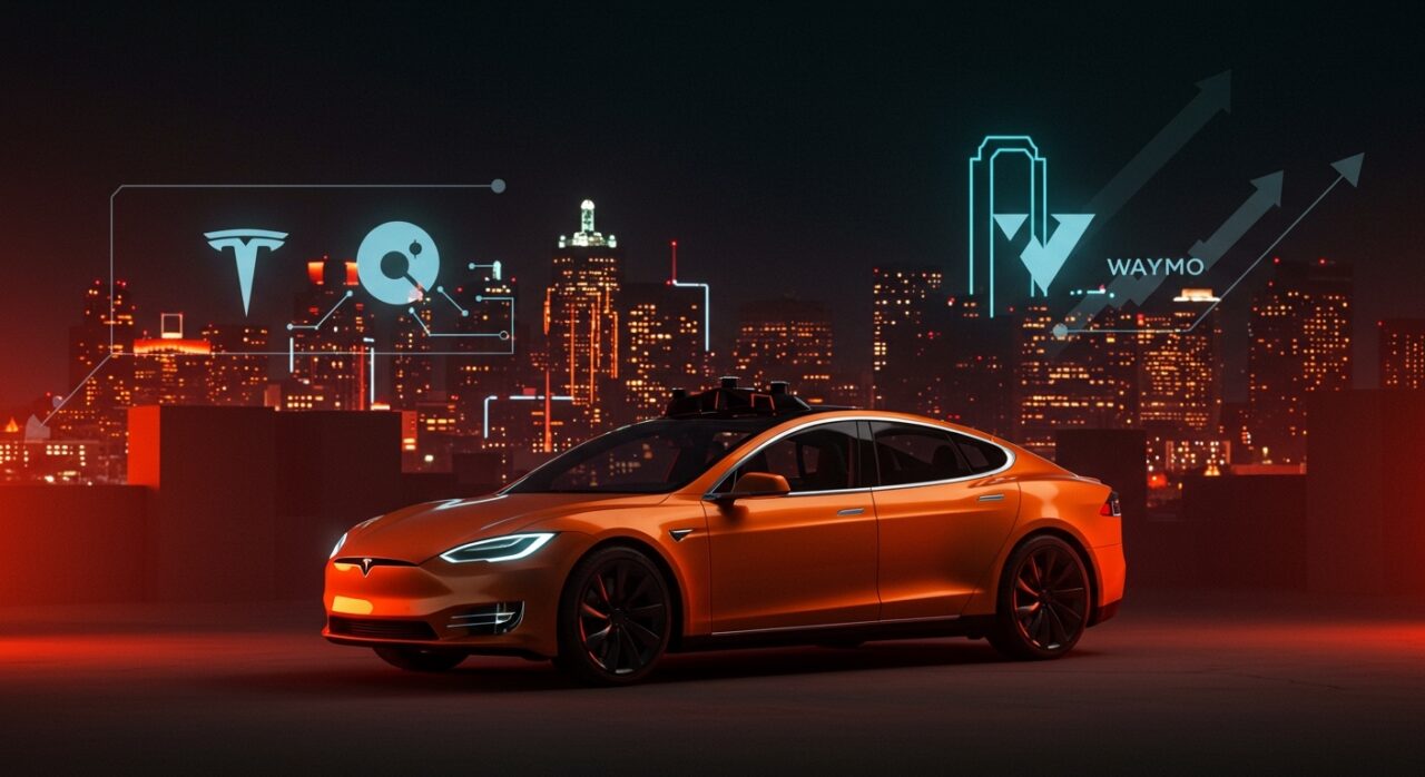 Tesla Robotaxi en ciudad urbana al estilo editorial, ilustrando movilidad autónoma y estrategia de marketing ante resultados trimestrales.