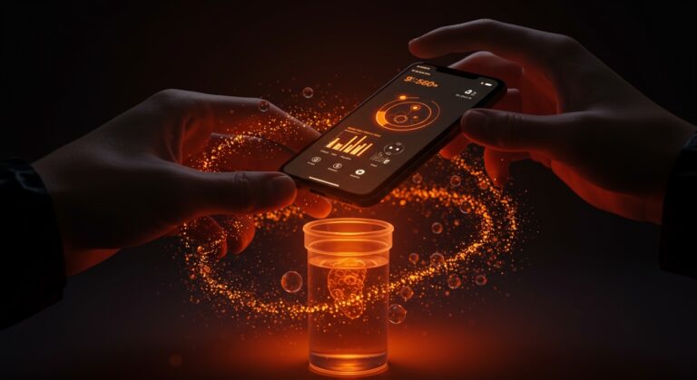 Test portátil con smartphone detectando contaminación fecal en agua en menos de un minuto, tecnología móvil para monitoreo ambiental.