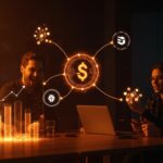 Inversión de Tether en fintech argentina Belo representada con founders celebrando y símbolos de stablecoins USDT en entorno tecnológico.