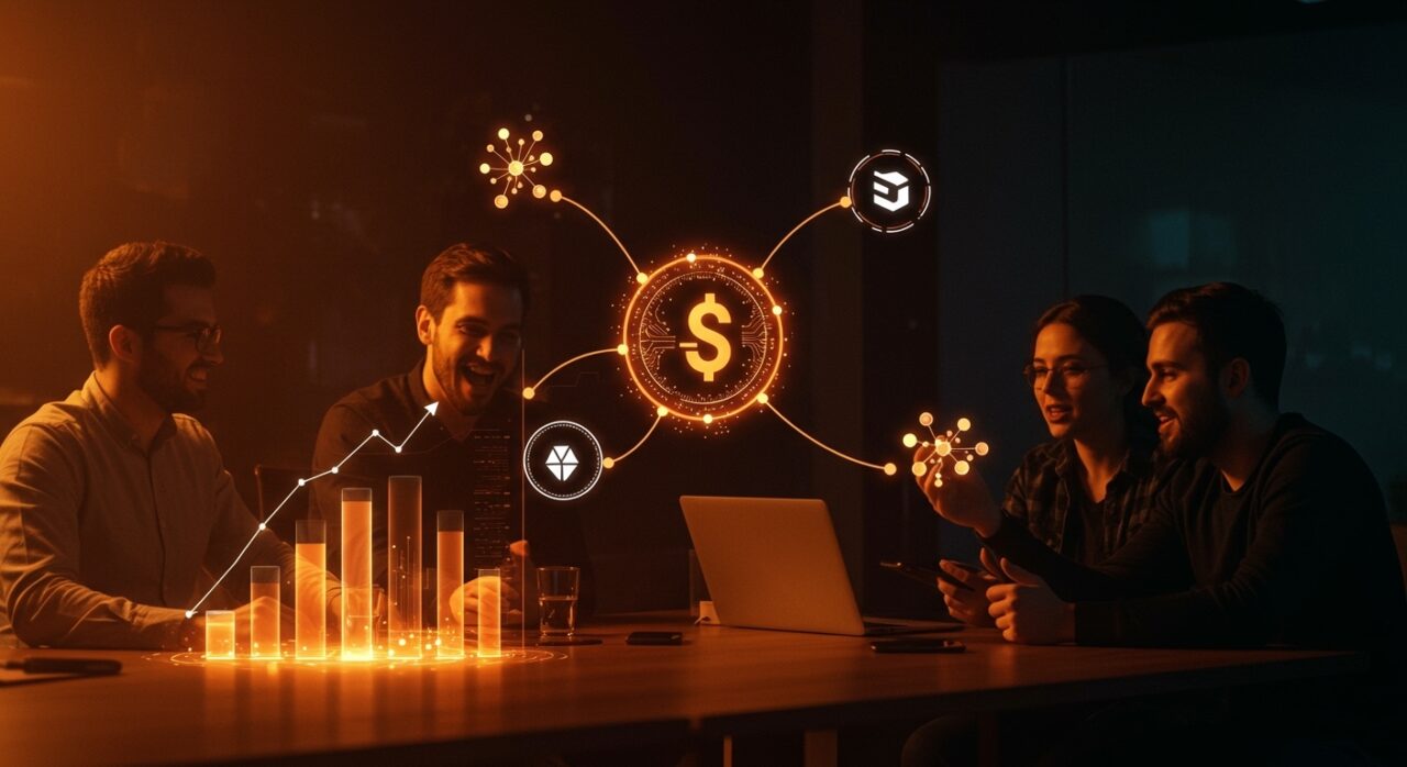 Inversión de Tether en fintech argentina Belo representada con founders celebrando y símbolos de stablecoins USDT en entorno tecnológico.