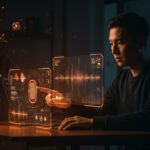 Herramientas texto a voz y voz a texto para startups con IA aplicada, mostrando interfaz holográfica y visualización de ondas sonoras en ambiente tecnológico.