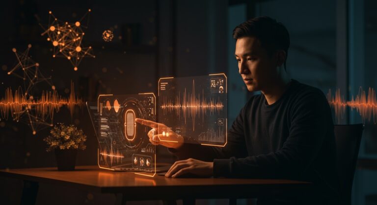 Herramientas texto a voz y voz a texto para startups con IA aplicada, mostrando interfaz holográfica y visualización de ondas sonoras en ambiente tecnológico.