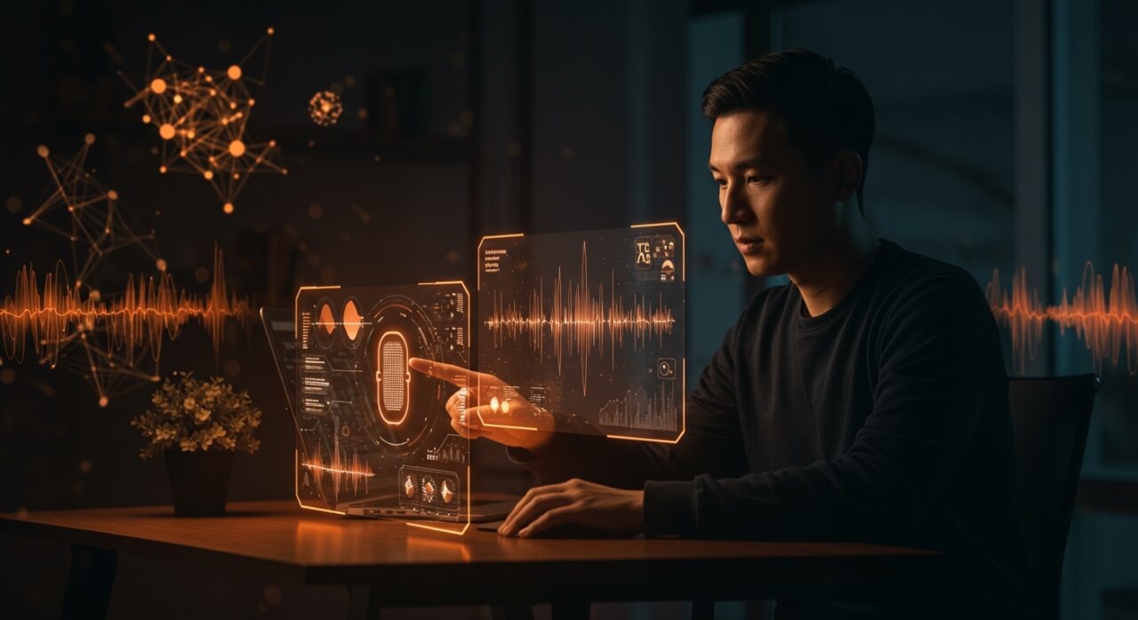 Herramientas texto a voz y voz a texto para startups con IA aplicada, mostrando interfaz holográfica y visualización de ondas sonoras en ambiente tecnológico.