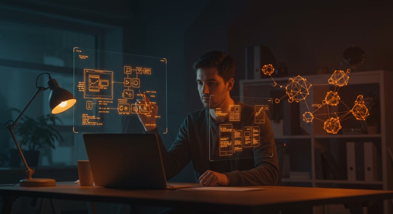 Fundador de startup usando herramientas de texto plano y wireframing ASCII para iterar diseños minimalistas en la era de la IA generativa.