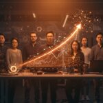 Siete fundadores de Thinking Machines Lab en un entorno tecnológico representando la estrategia de retención de talento en IA y la valoración creciente tras su incorporación a Meta.