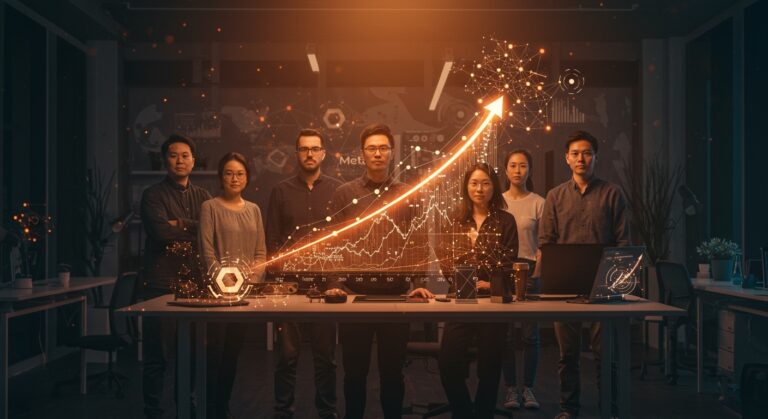 Siete fundadores de Thinking Machines Lab en un entorno tecnológico representando la estrategia de retención de talento en IA y la valoración creciente tras su incorporación a Meta.